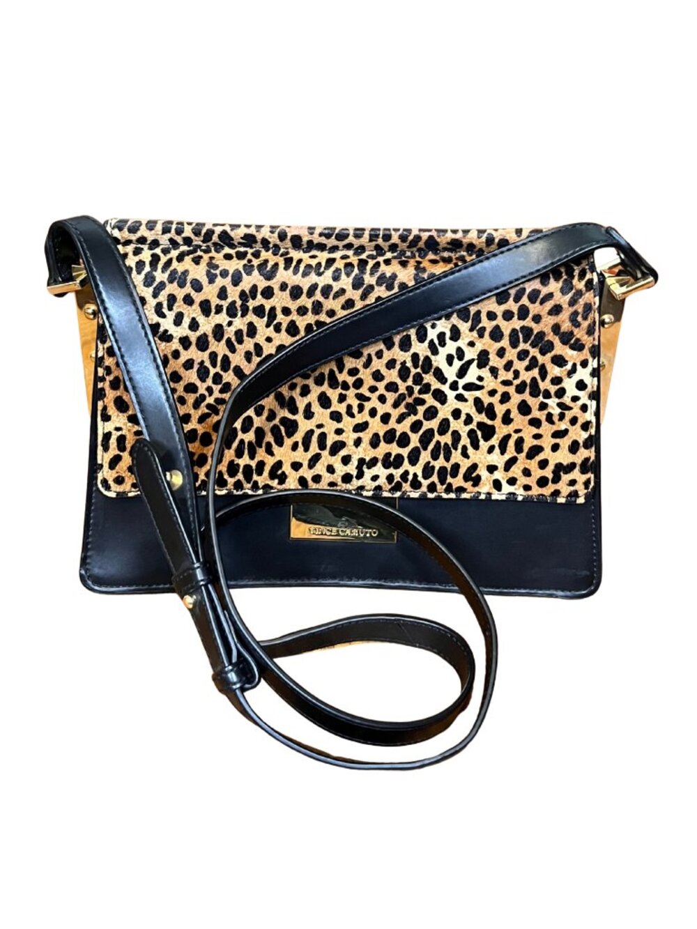 Vince Camuto Leopard Calf Hair Leather Crossbody Bag Black Gold
